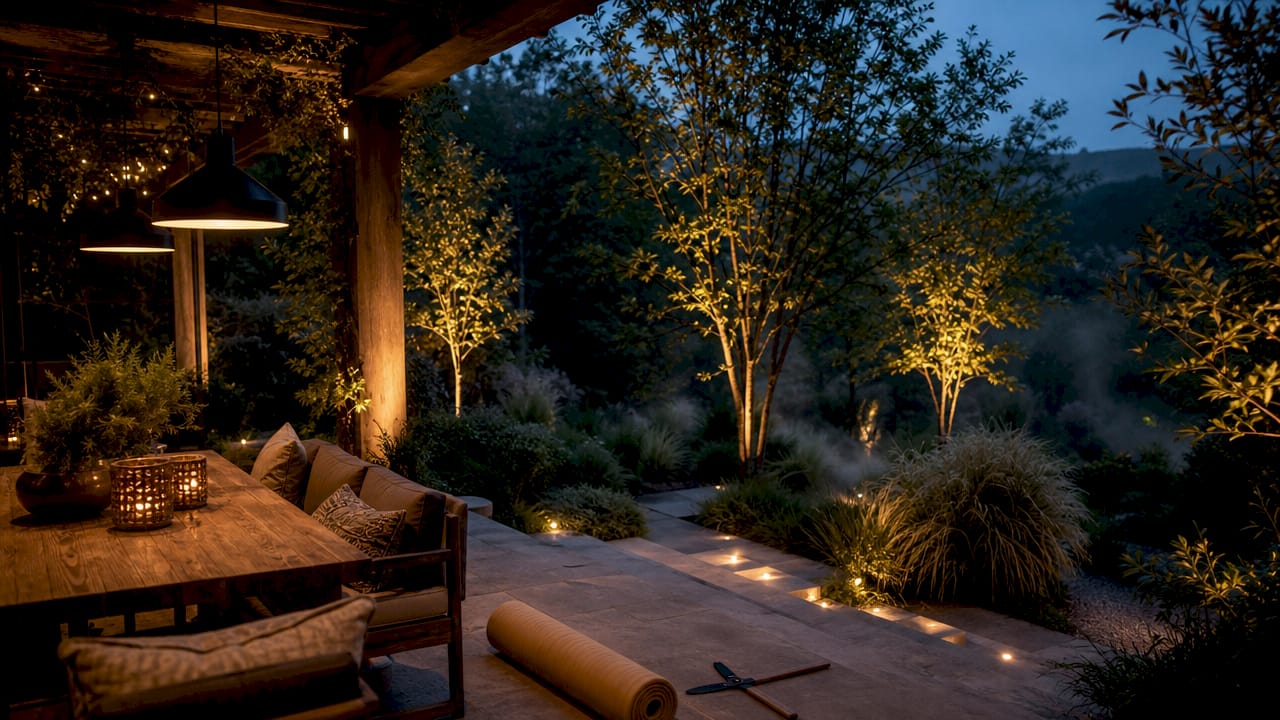 Layered outdoor landscape lighting on garden path