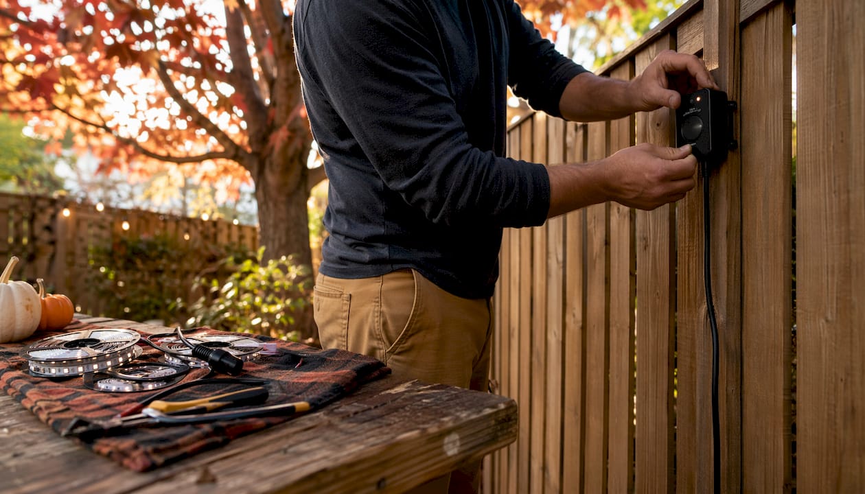Hands adjusting smart lighting controller outdoors