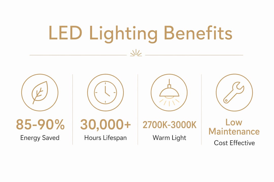Infographic illustrating LED lighting benefits and stats