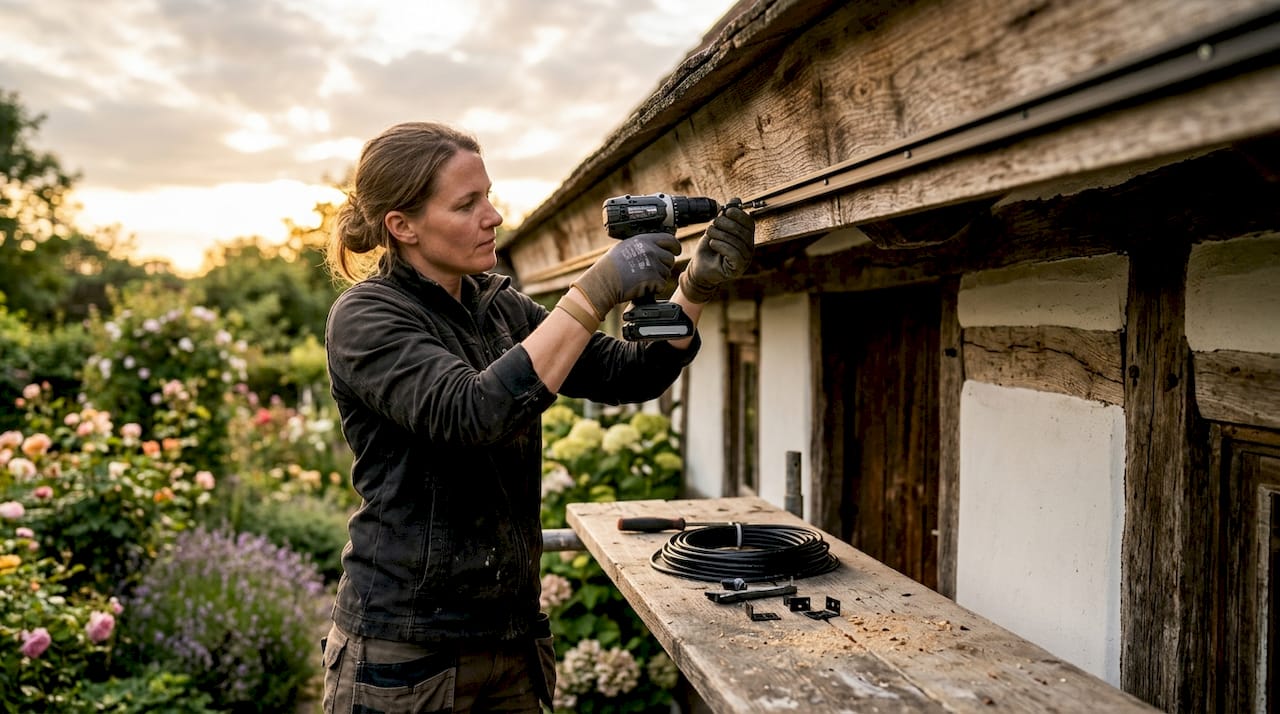 Close-up of hands mounting lighting tracks on roofline