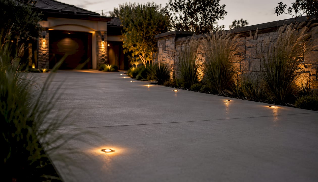 Driveway Lighting Ideas and Benefits: 2026 Guide Recessed paver lights glowing in driveway