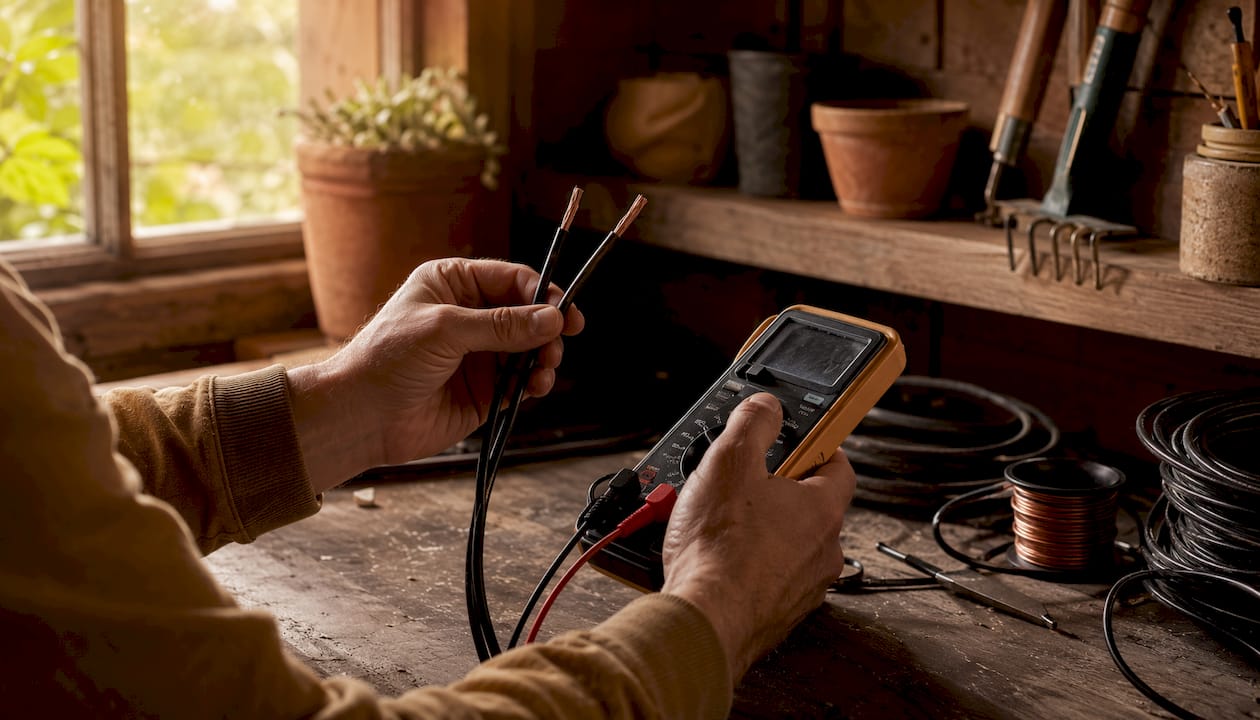 Hands comparing wire gauges with tools