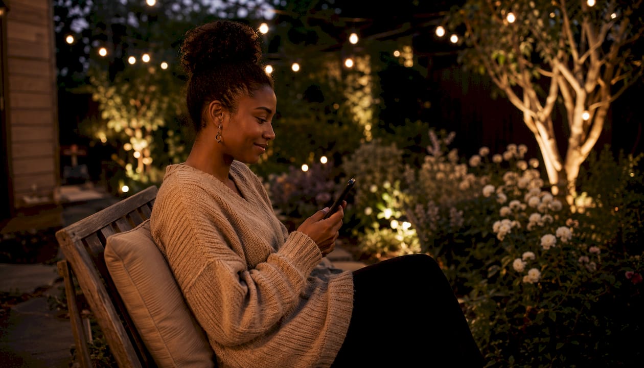Woman using app to control smart lighting