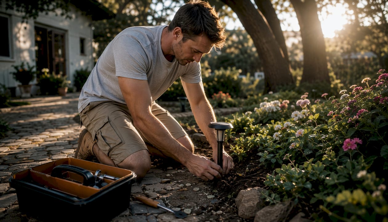 Smart Landscape Lighting App Control: 2026 Guide Man installing solar landscape lights outdoors