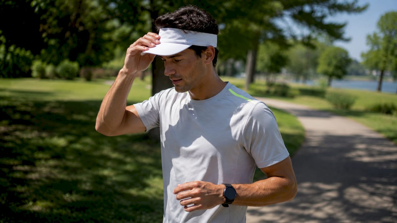 Male runner outdoors showing synthetic top fabric and seams