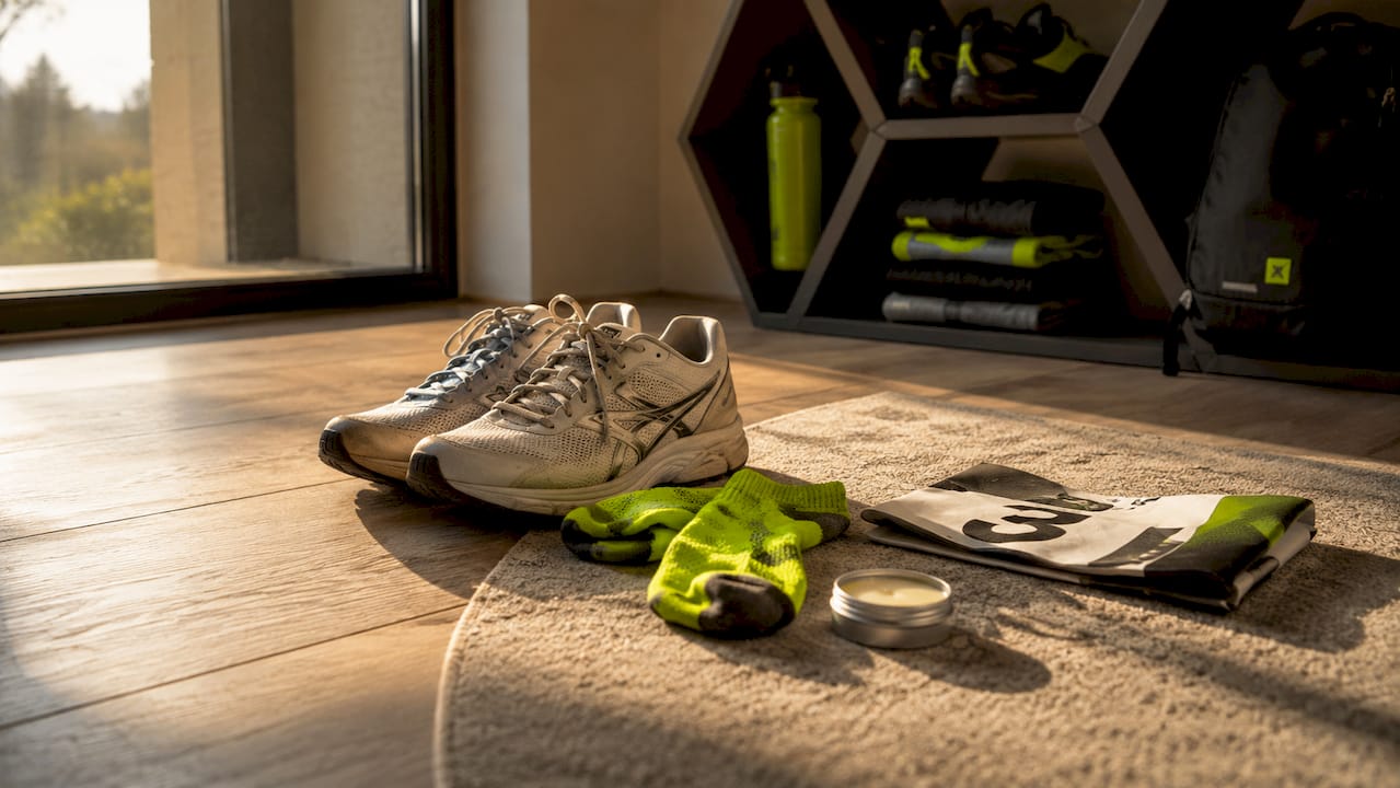 Running shoes and socks arranged at home entry