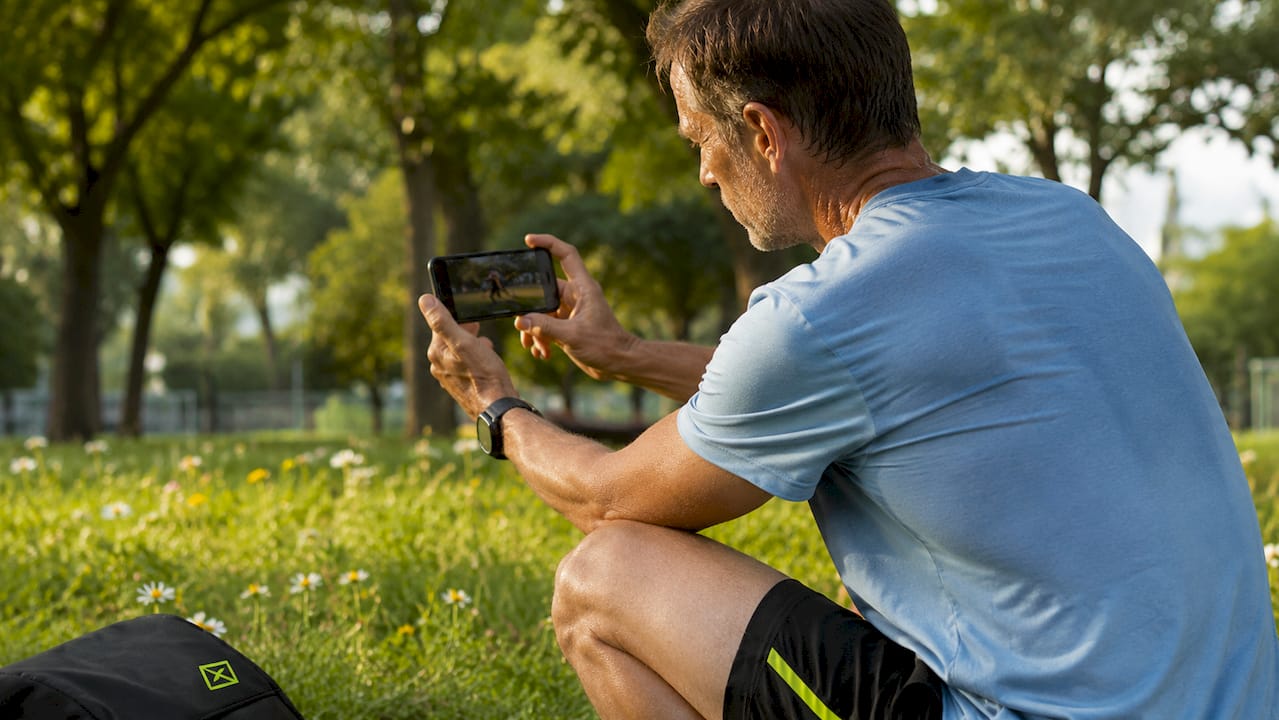 Man reviewing running form video at home gym