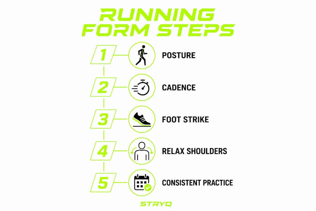 Infographic showing 5 key running form steps for beginners