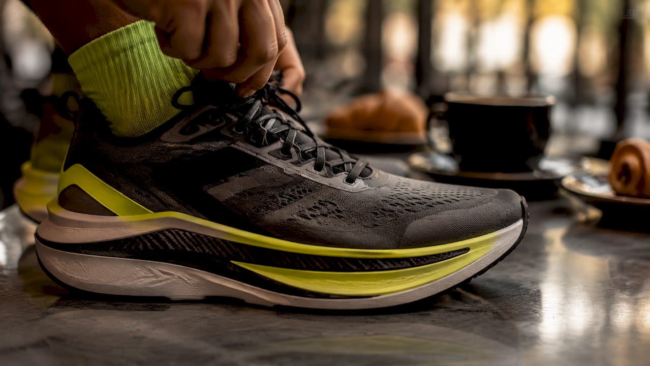 Close-up of carbon-fibre plate running shoe