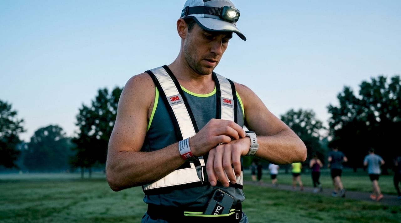 Close-up of runner's essential safety gear at twilight