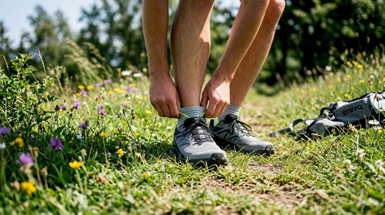 Runner adjusting socks inside running shoes