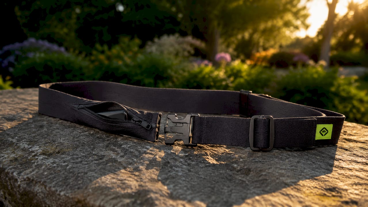 Classic buckle running belt on wooden bench