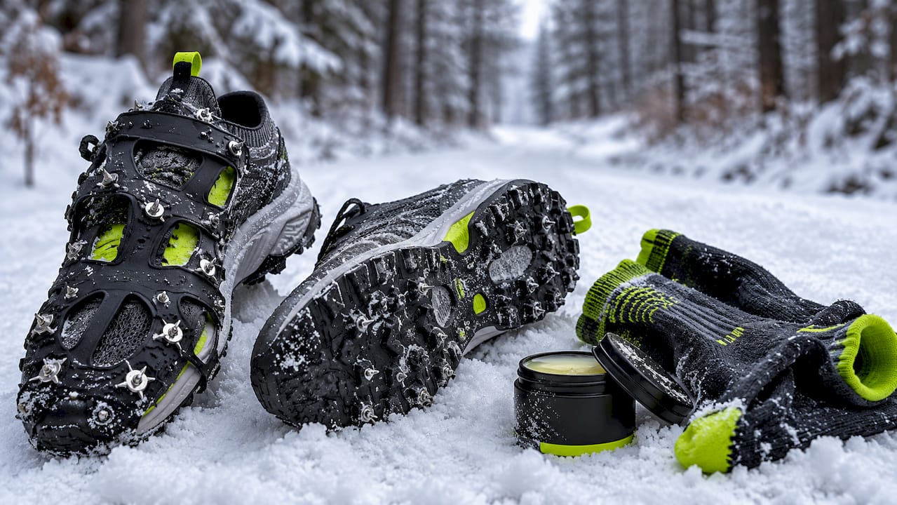 Winter running shoes with traction devices outdoors