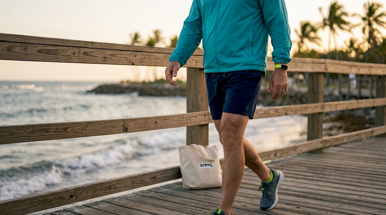 Man walking briskly for active recovery in park
