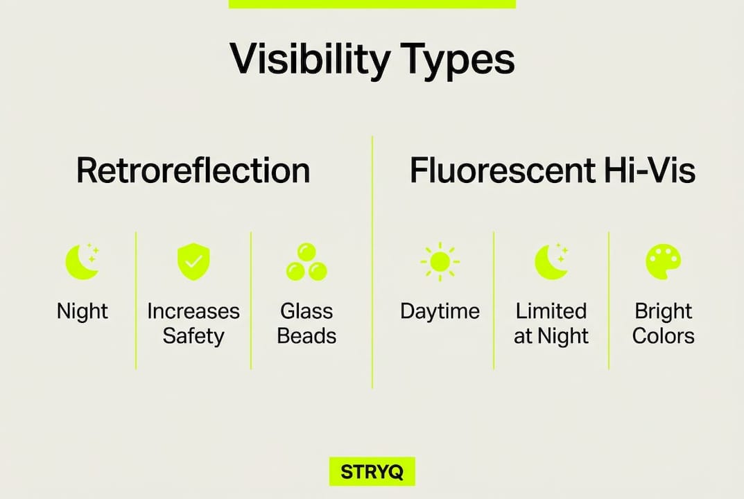 Infographic comparing retroreflection vs fluorescent hi-vis visibility