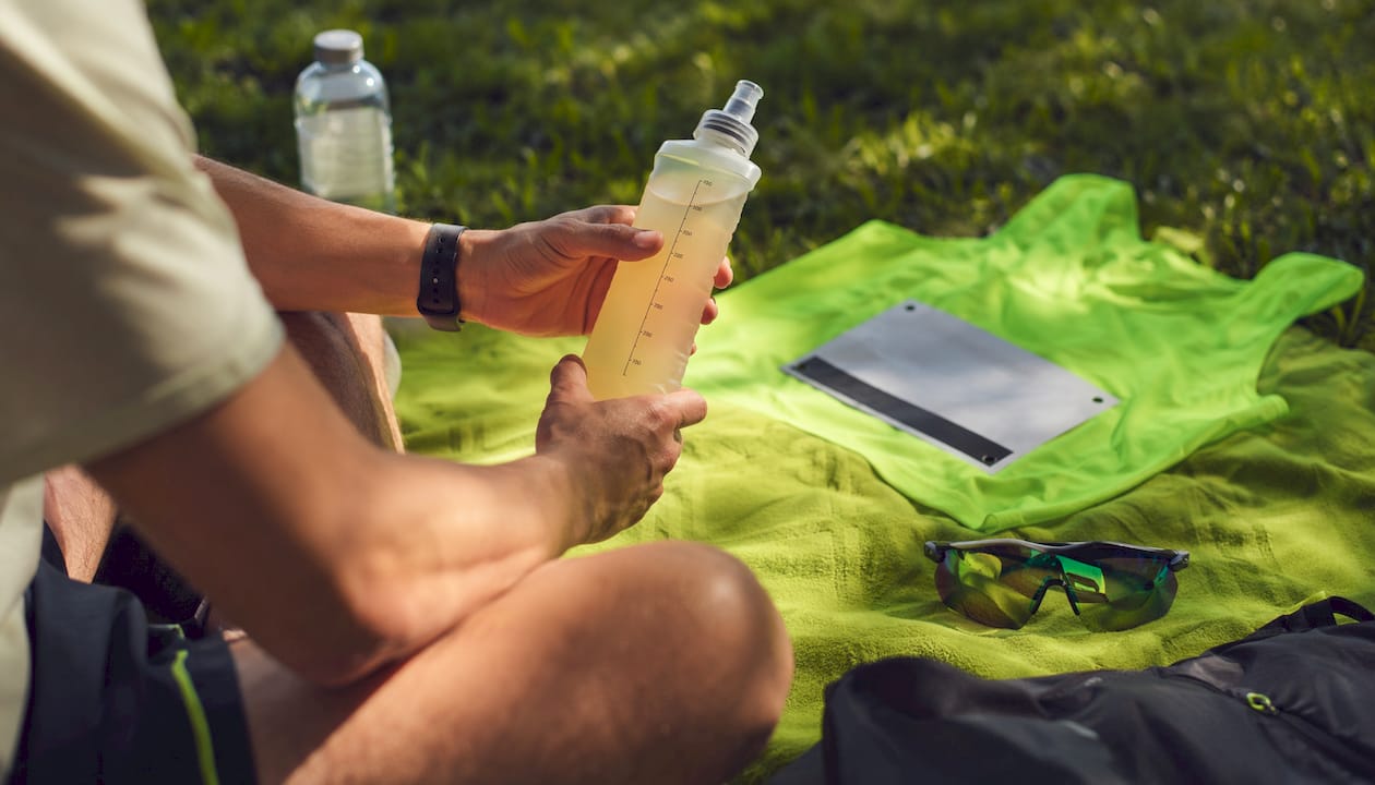 Runner filling soft flask with hydration mix