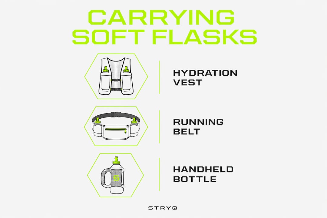 Infographic illustrating soft flask carrying methods
