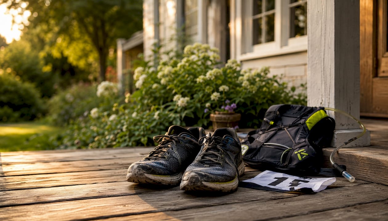 Close-up of running shoes and pre-race accessories at home.