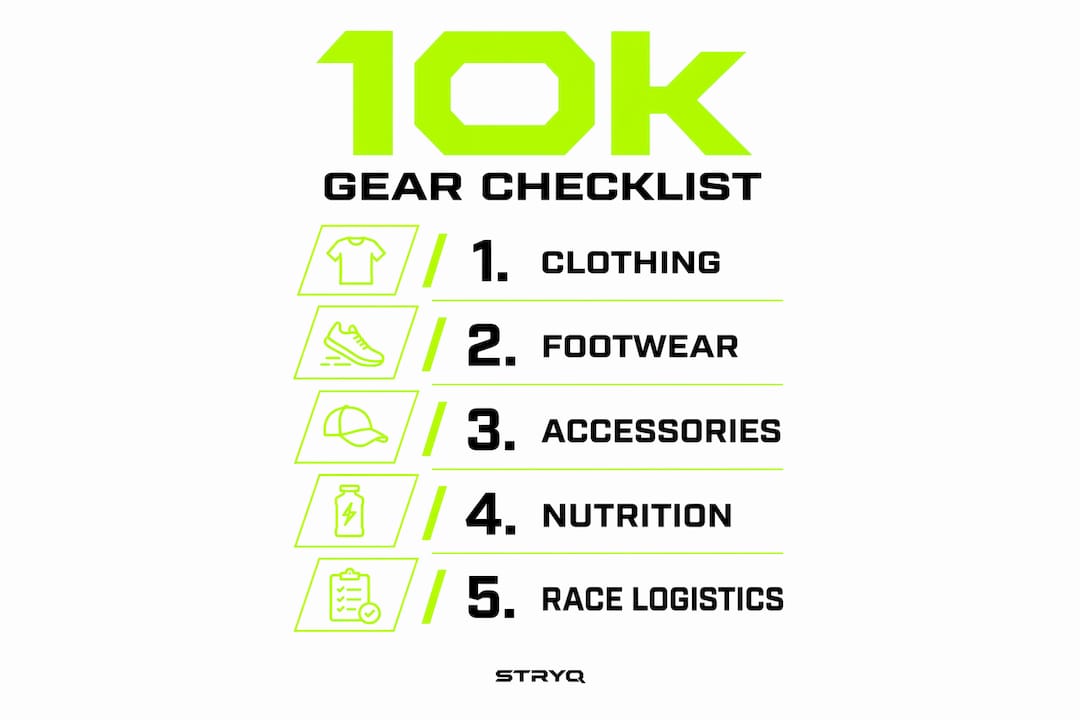 Vertical flow infographic summarizing 10k runner gear checklist categories.