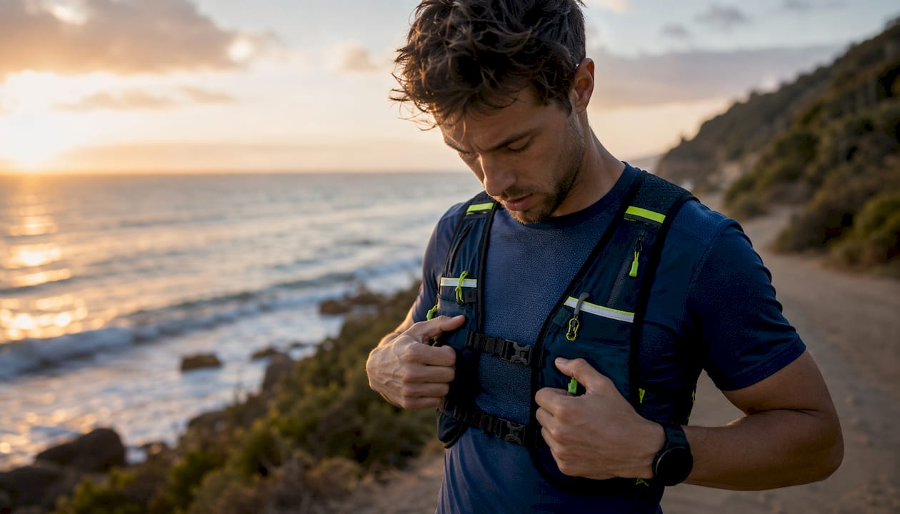 Runner adjusting hydration vest straps outdoors