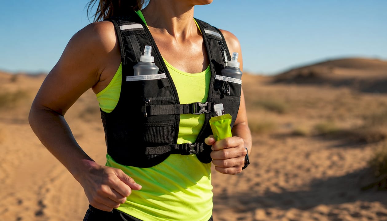 Front view of running vest with soft flasks