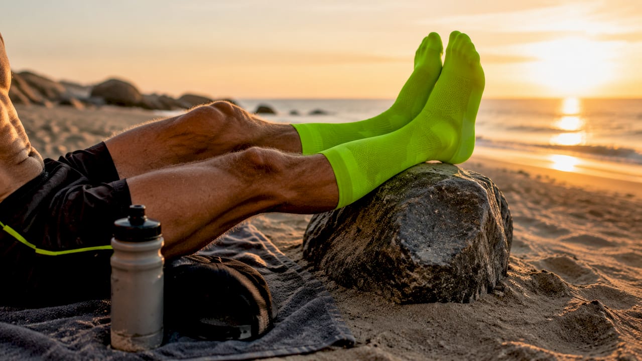Close-up of legs using compression socks for recovery