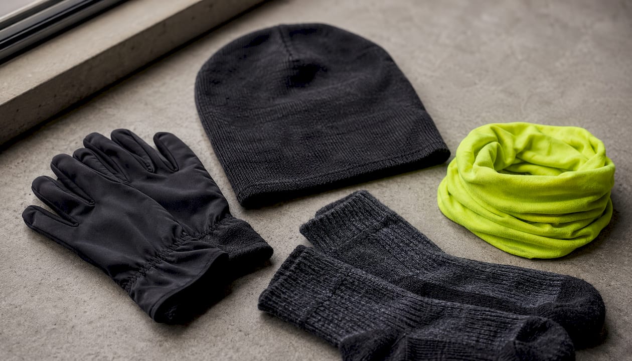 Flat lay of winter running accessories