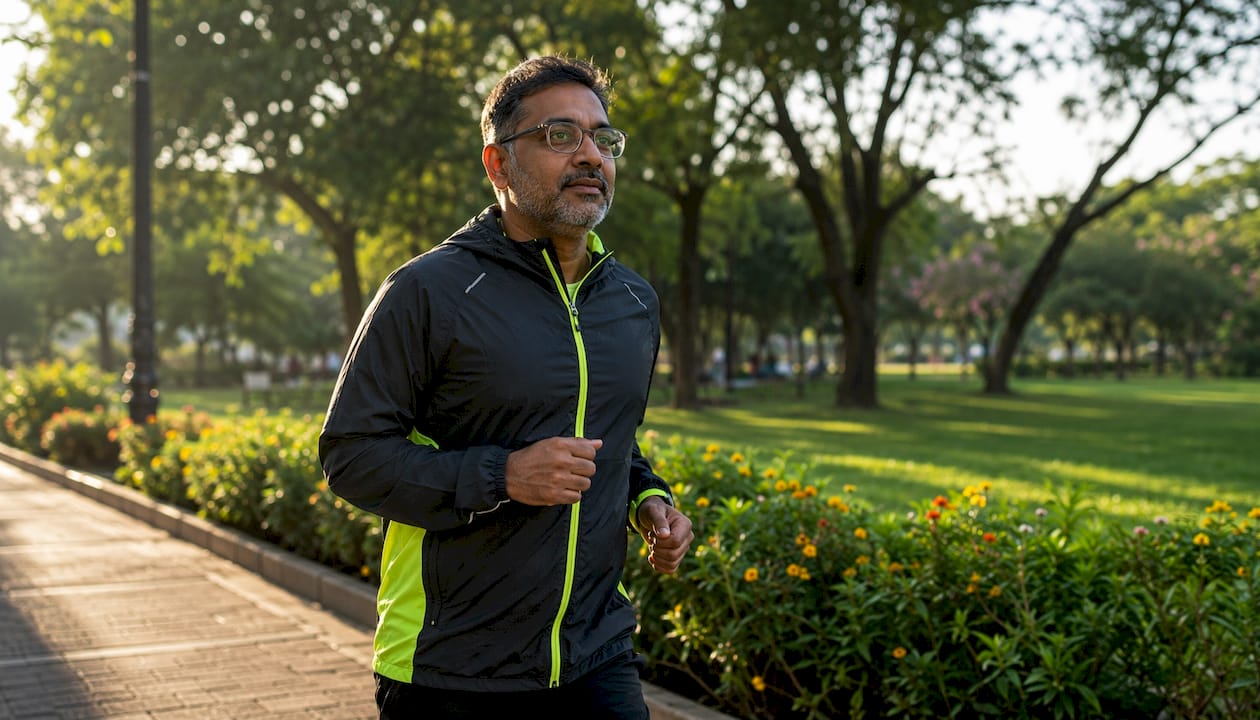 Man jogging at conversational pace outdoors