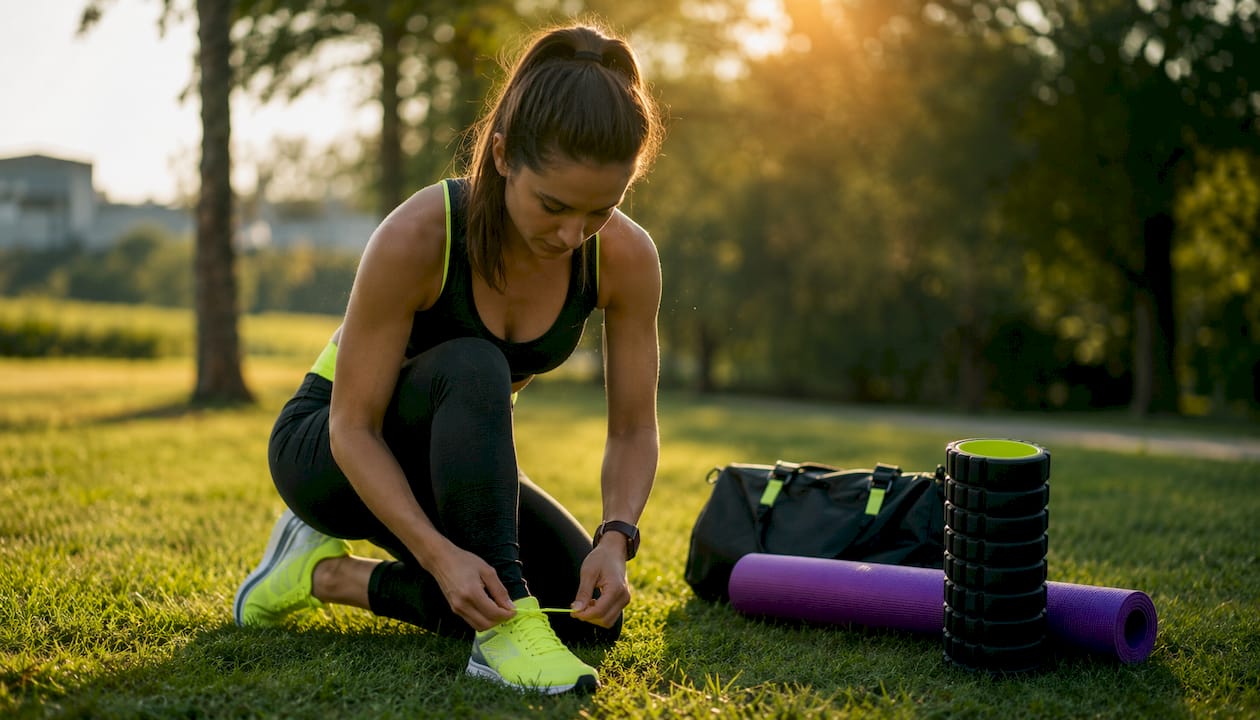 Hands tying running shoes with fitness gear nearby