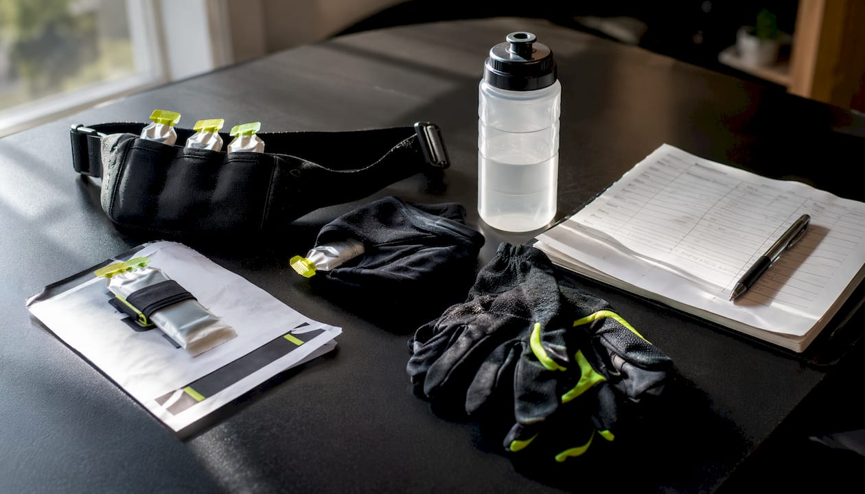 Flat lay of gel carrying methods and gear