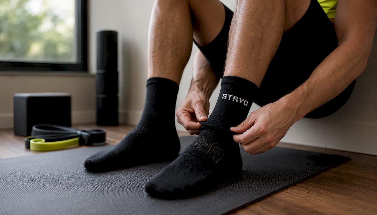 Runner adjusting seamless socks to prevent blisters