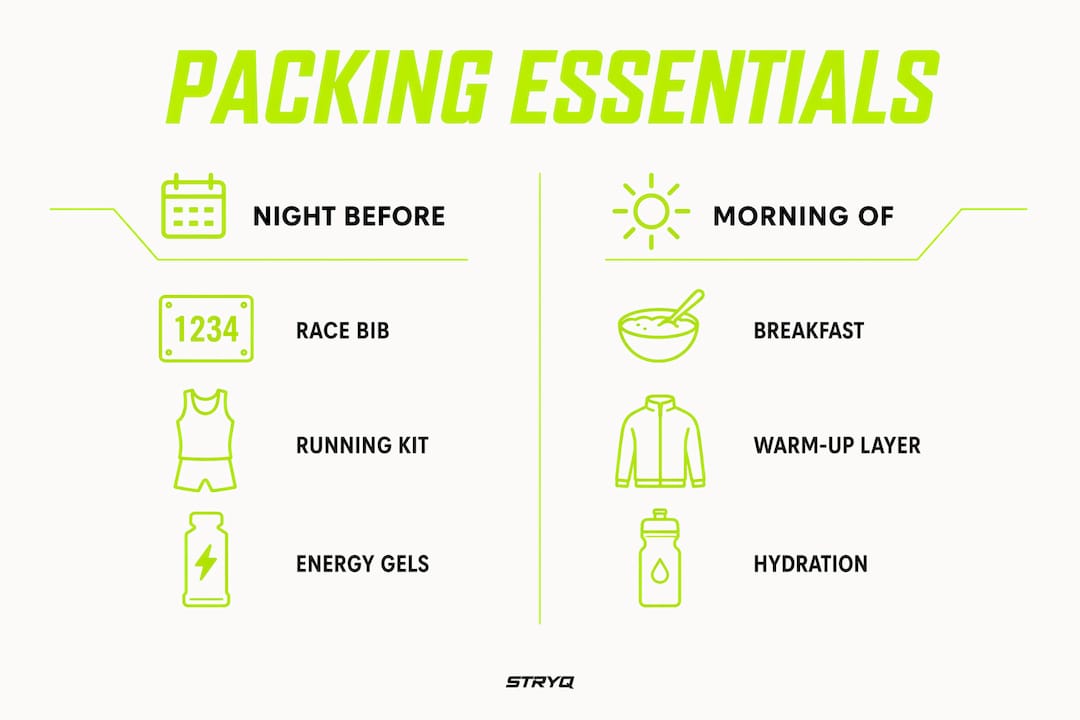 Infographic comparing night-before and morning-of race packing essentials