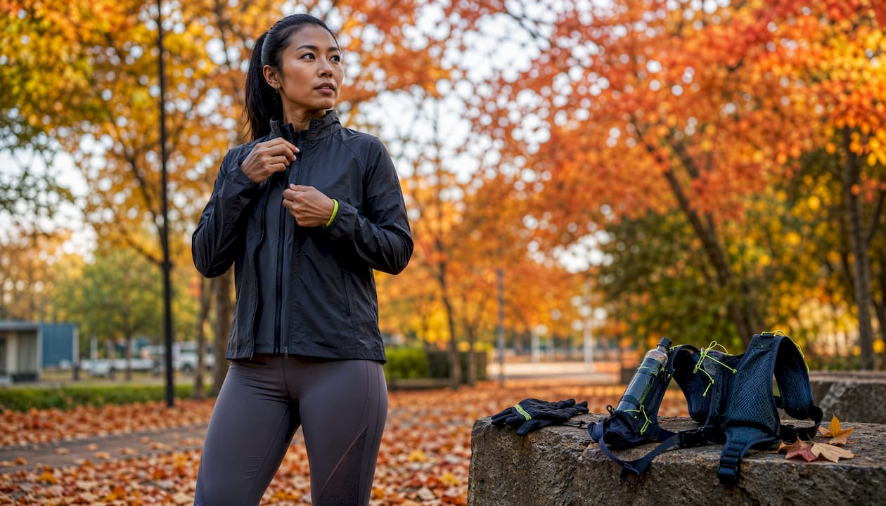 Runner adjusting mid-layer jacket outdoors