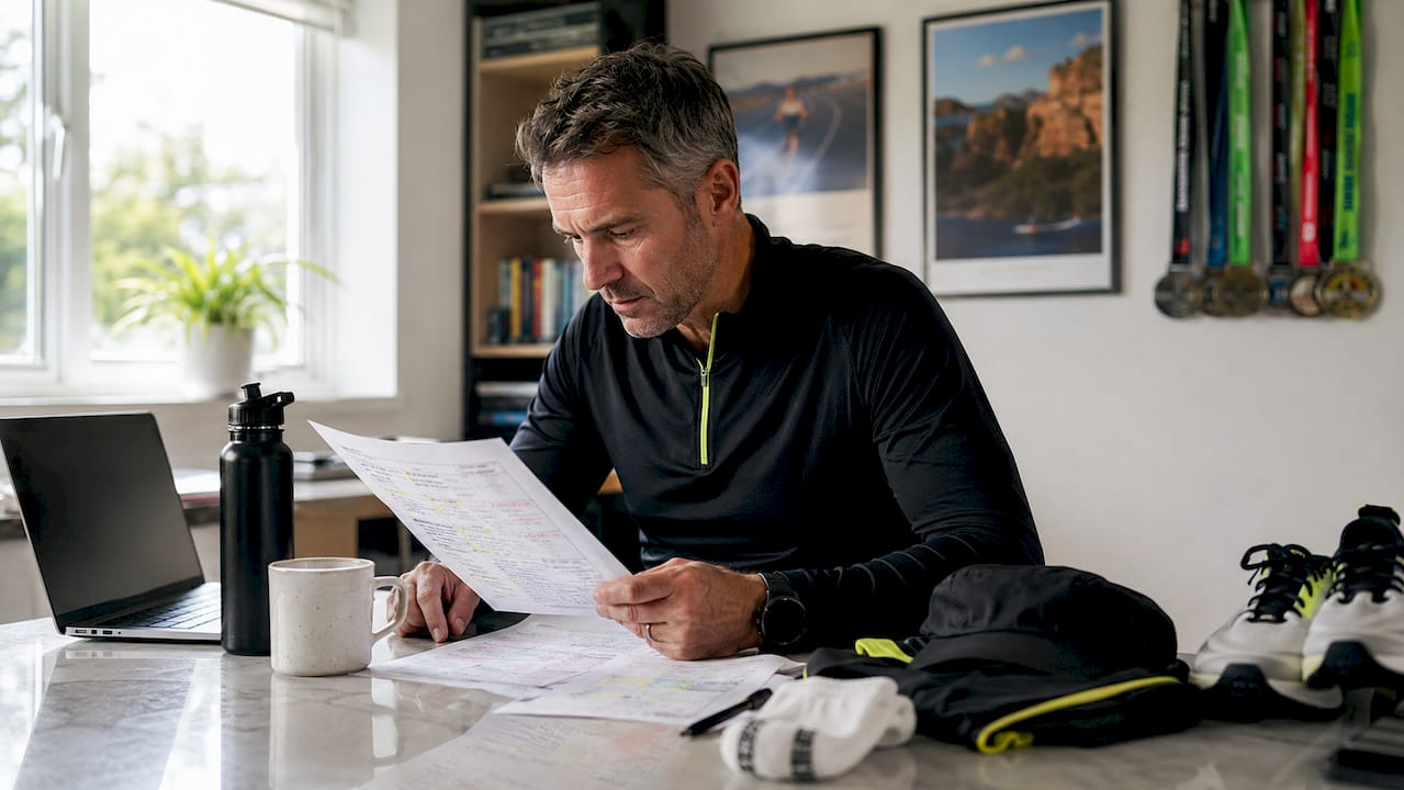 Man studying marathon training plan at home kitchen table