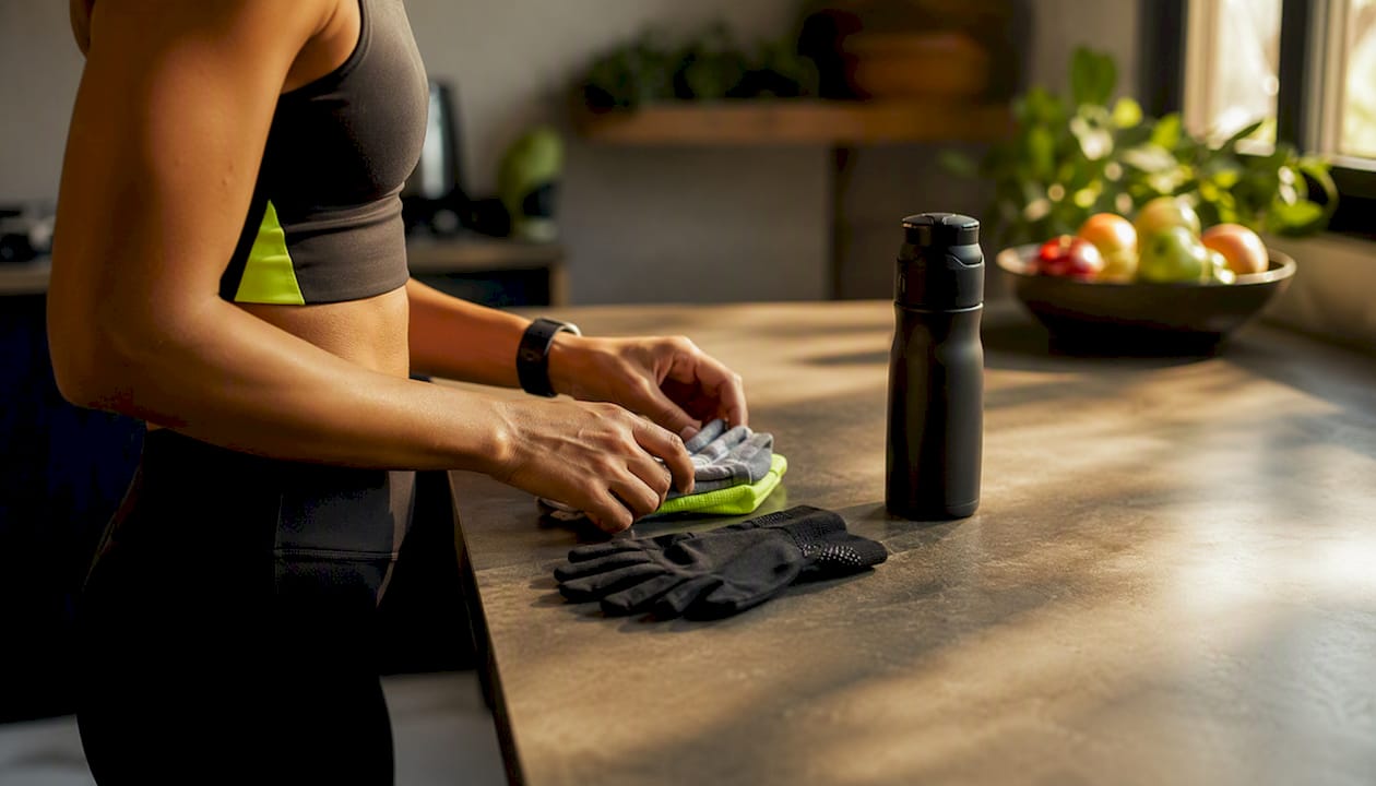 Hands preparing running gear kit at home