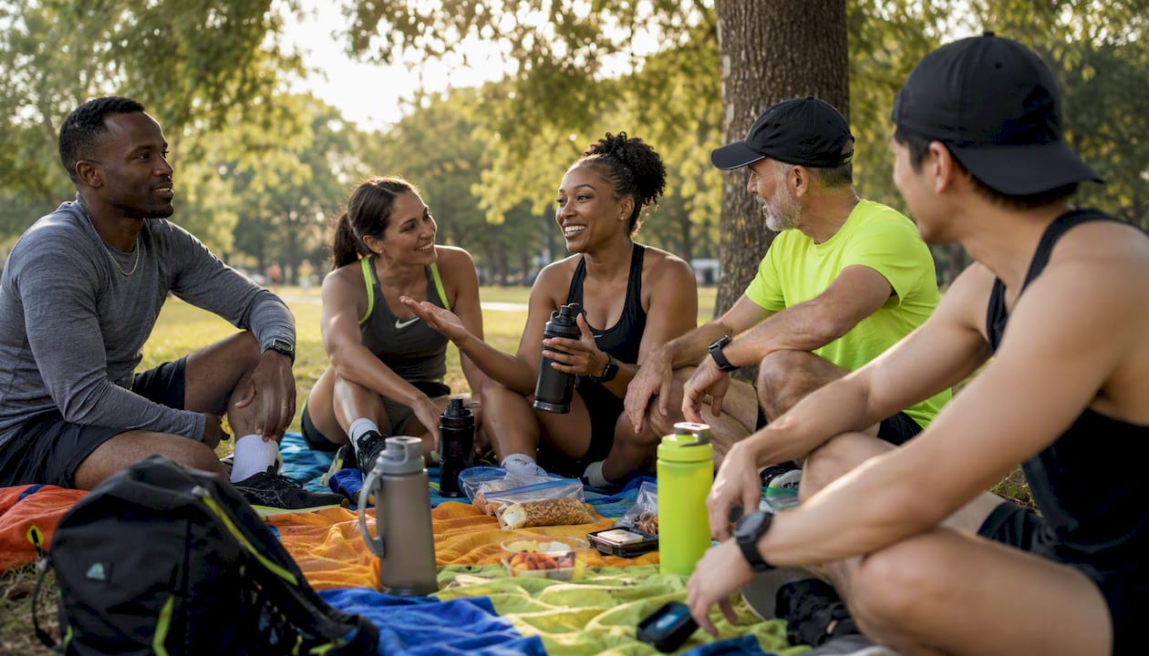 Runners discussing community group etiquette indoors