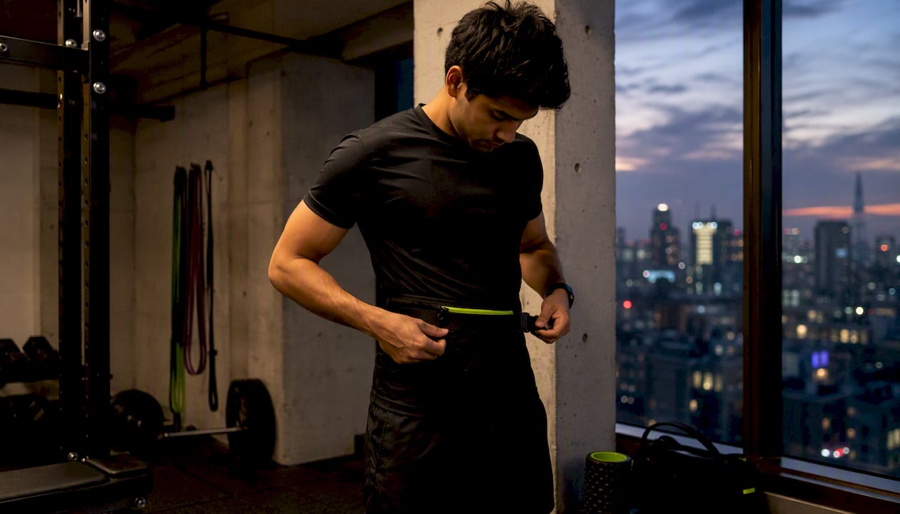 Man in gym wearing narrow tubular running belt
