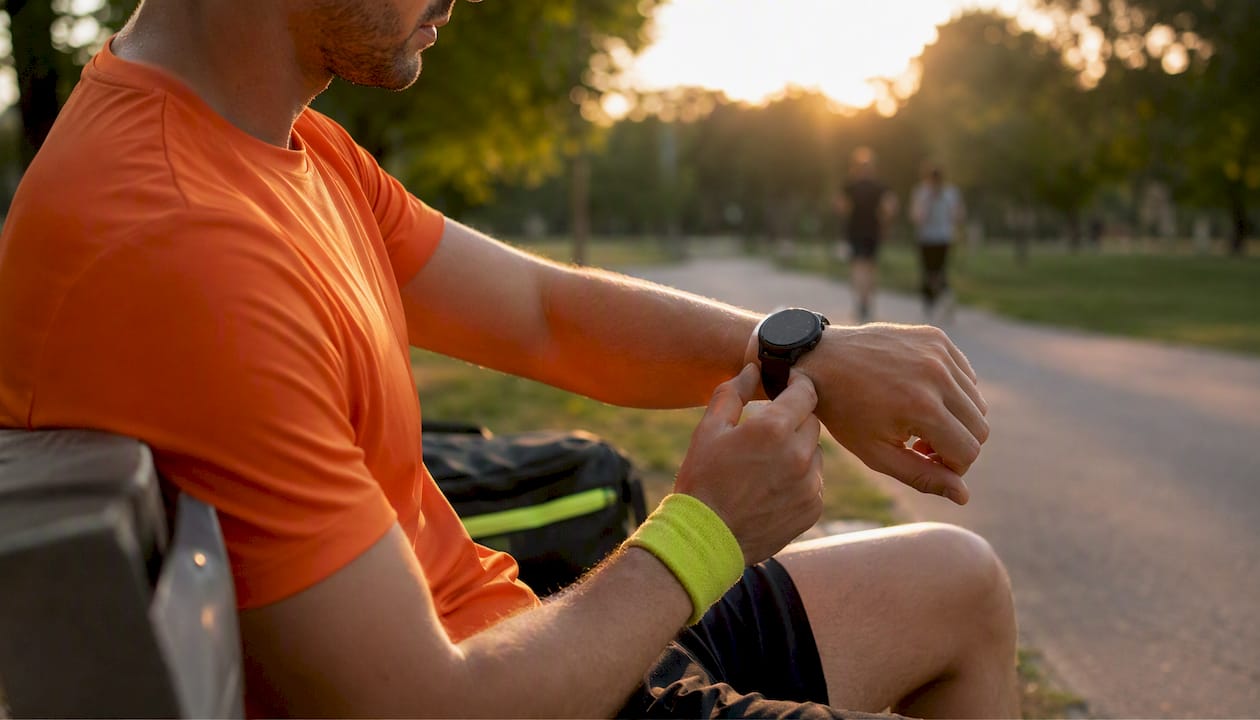 Close-up of runner adjusting heart rate watch