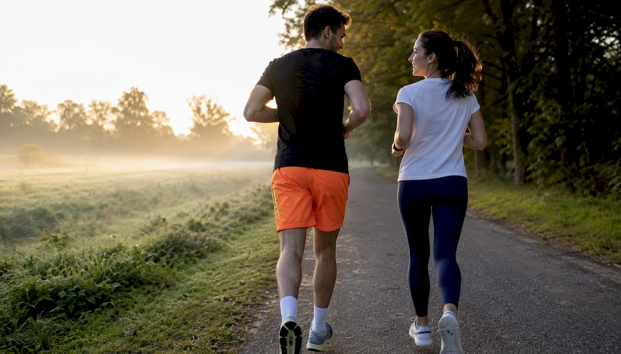 Two runners chatting during easy run