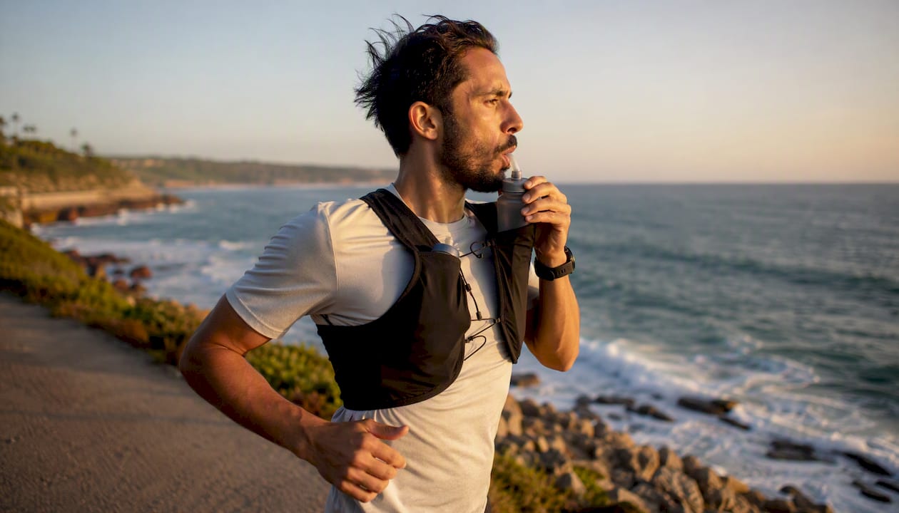 Runner using front flask pocket on race vest mid-run