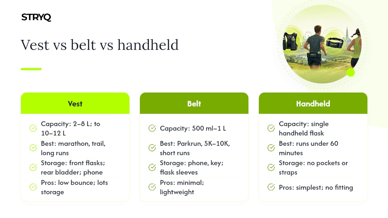 Vest vs belt vs handheld: which format fits your running? — overview diagram