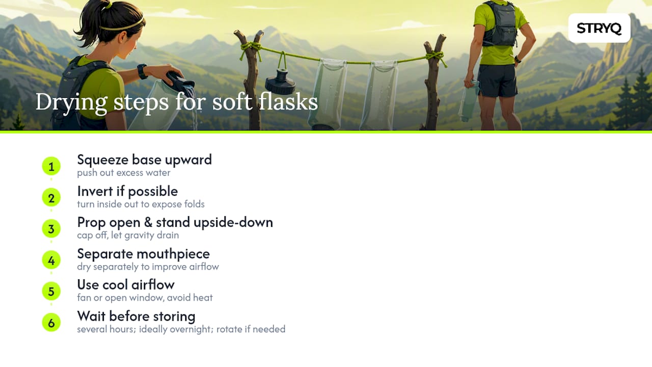 Diagram showing drying steps and internal moisture traps in soft flask
