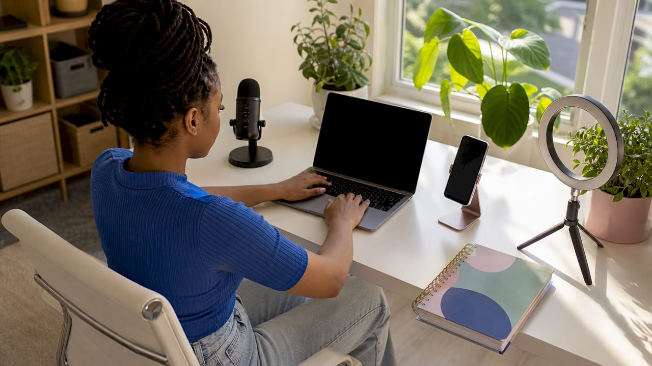 Woman editing social media content at home desk