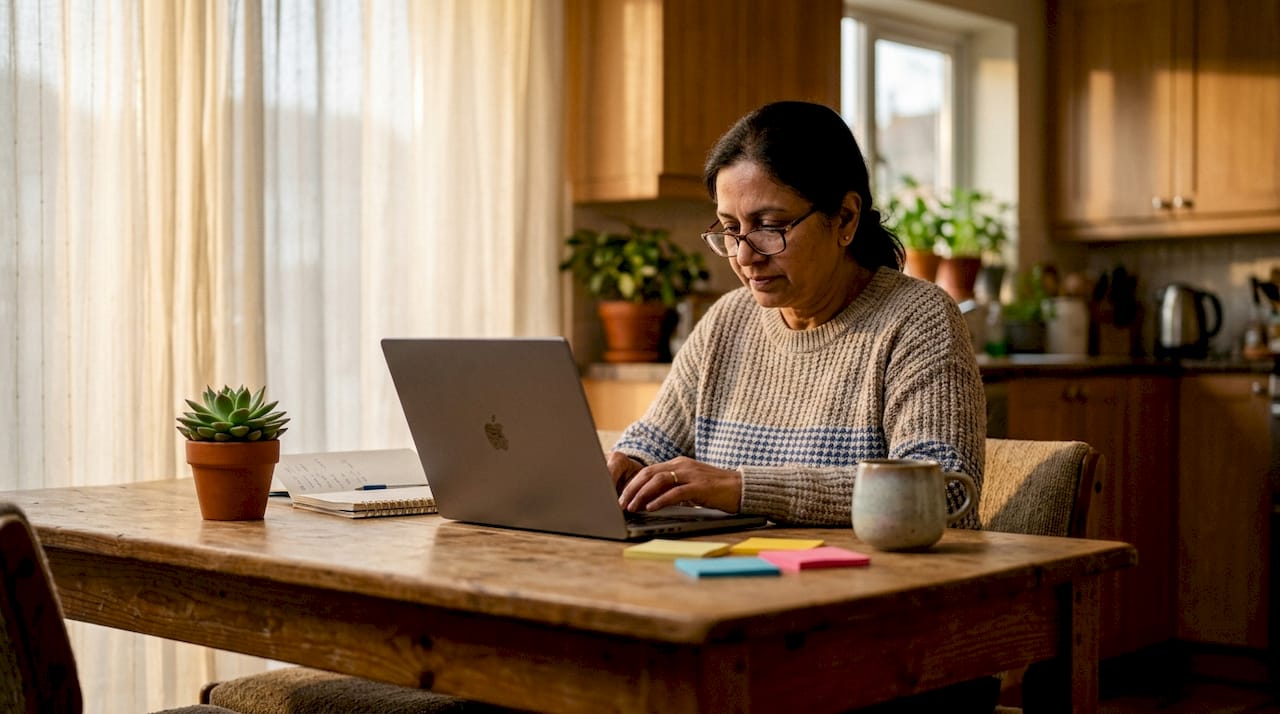 Woman typing at home office desk in sunlit apartment