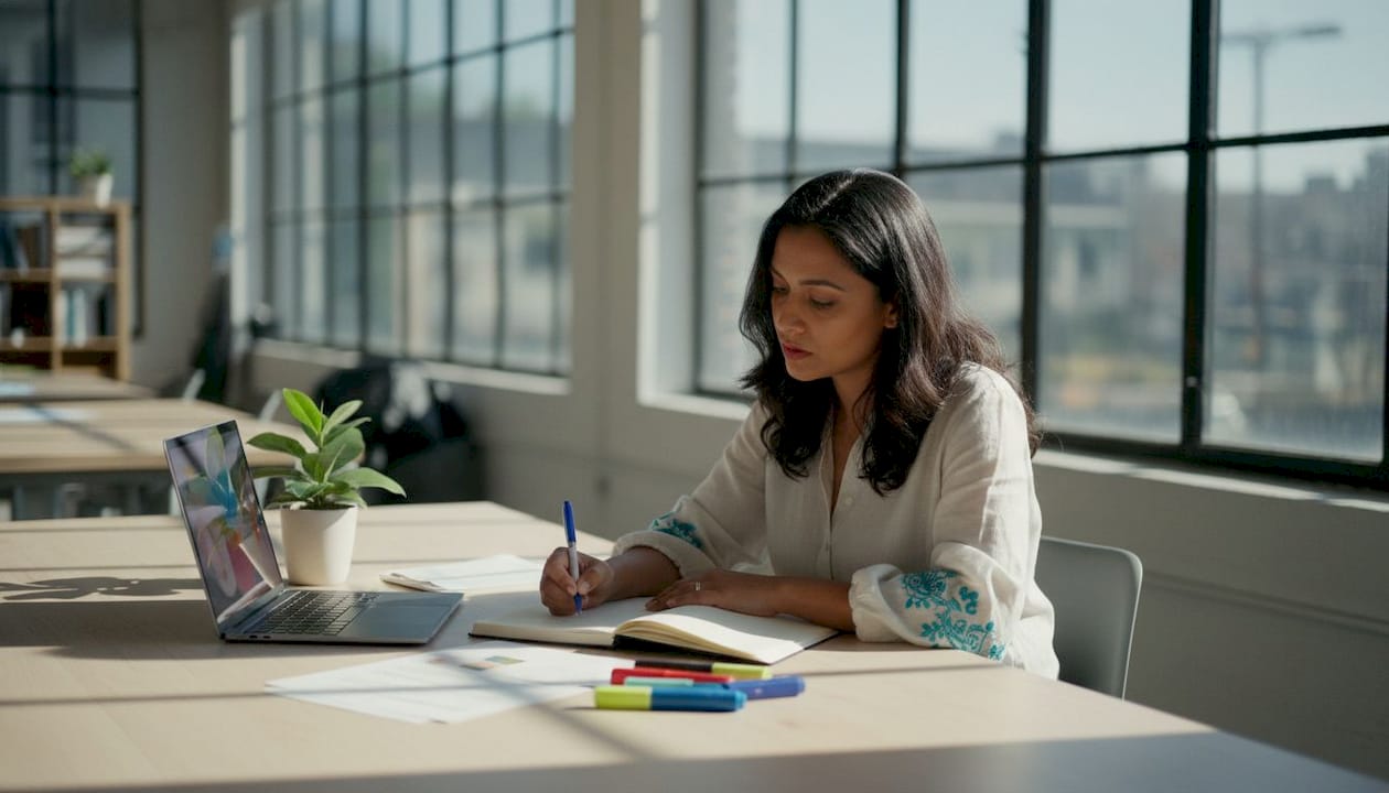 Woman reviewing freelance offer document at desk
