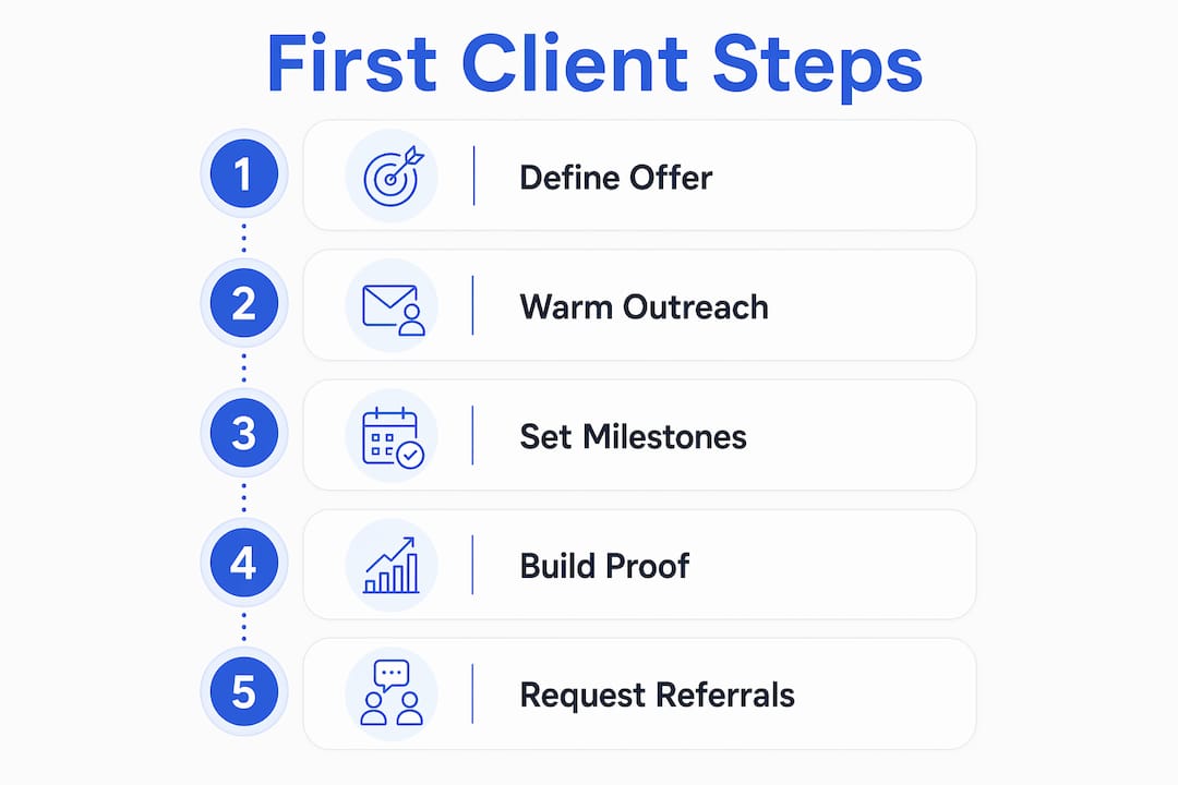 Infographic showing steps to get first freelance client