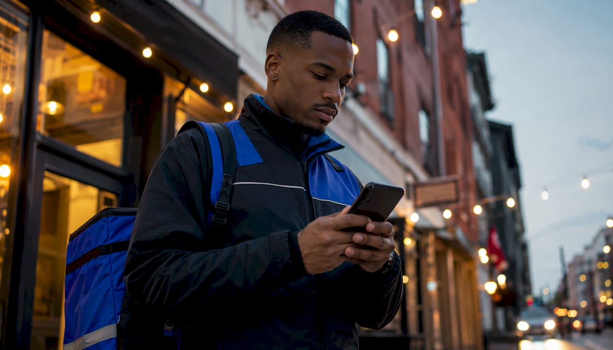 Delivery worker cashing out earnings on phone