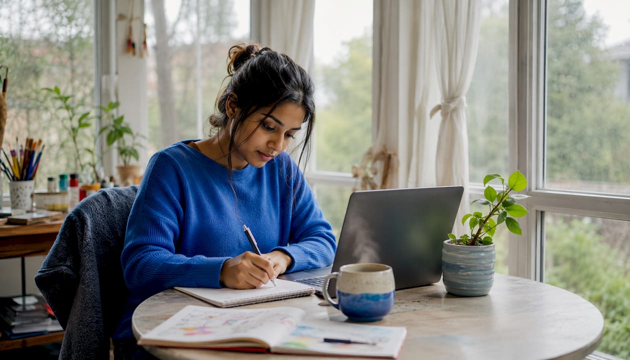 Woman doing freelance microtasks at desk