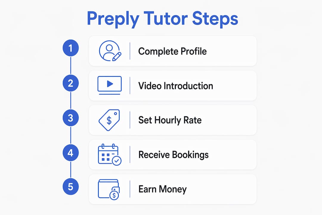 Infographic displaying five steps to become a Preply tutor