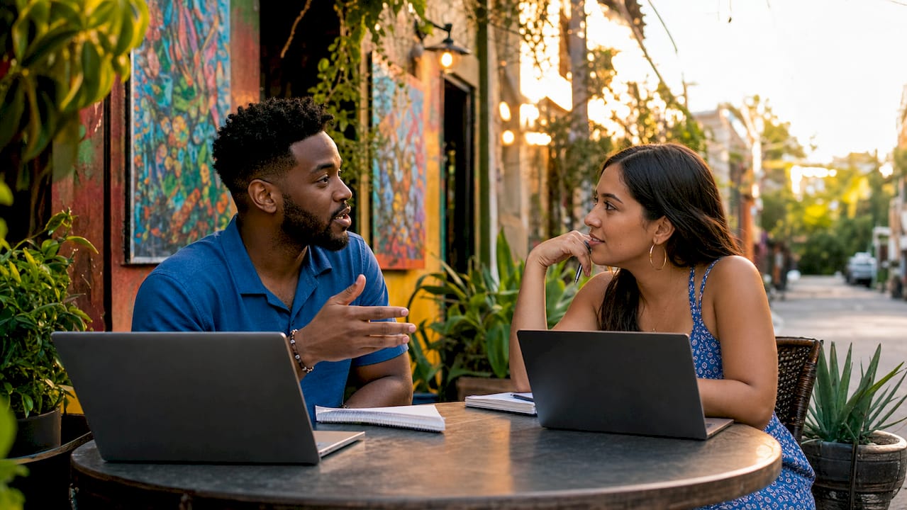 Two professionals networking at coworking space